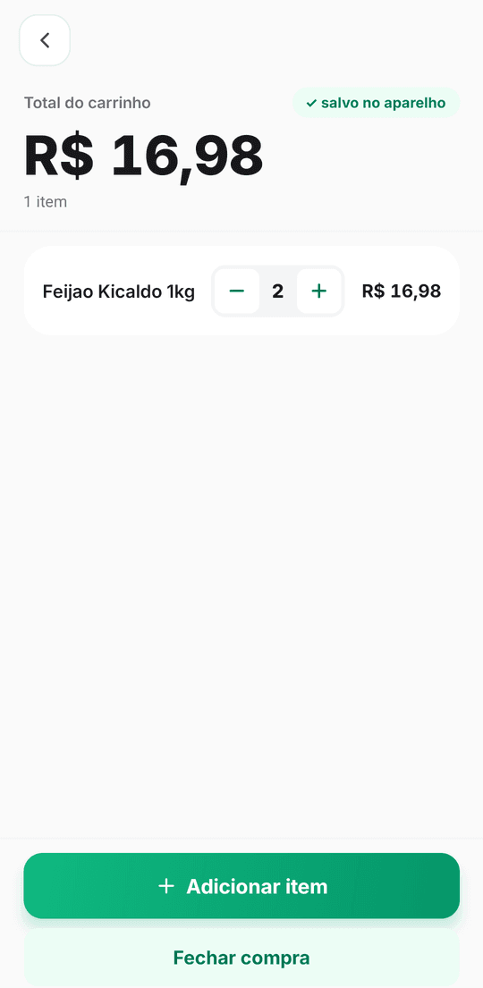 Tela do Modo Carrinho no Cestou: total do carrinho em letra grande, o selo “salvo no aparelho” e um item com botões de mais e menos